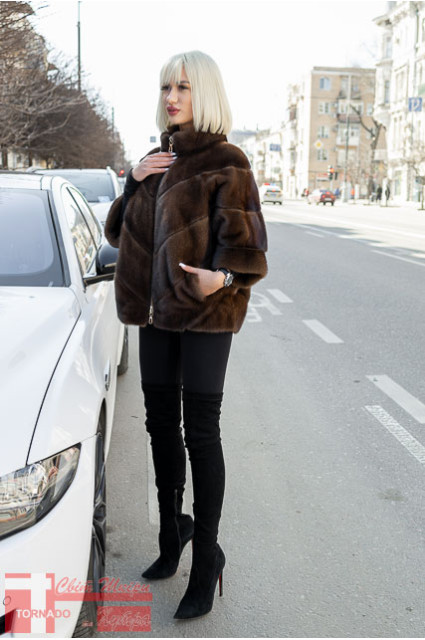 GTF CA 1630 норкова шубка кольору "BROWN"з рукавом три чверті