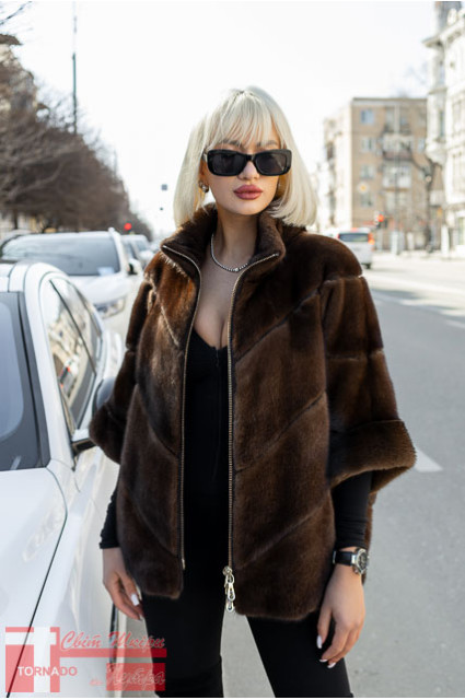 GTF CA 1630 норкова шубка кольору "BROWN"з рукавом три чверті