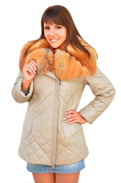 Шкіряний пуховик з хутром лисиці glp-5015